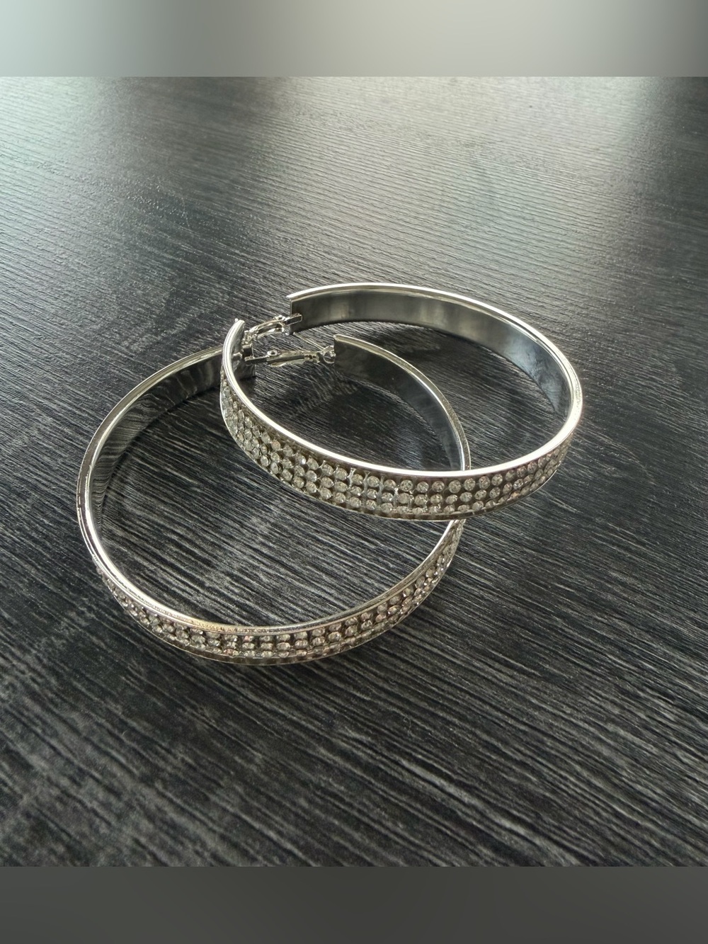 Silver Tone Pavé White Rhinestone Round Large Hoop Earrings Hinged Closure-NWT